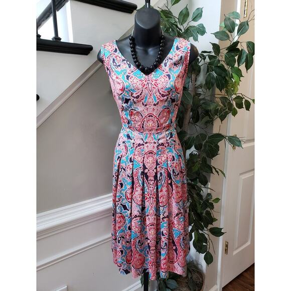 Jones New York Fit & Flare Dress Women 4 Multi Paisley Pleated Sleeveless V-Neck - Picture 1 of 13